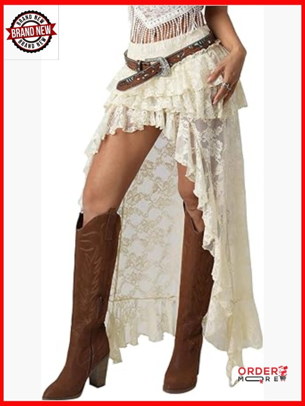 Floral Lace Boho Maxi Skirt Drop Waist Ruffle Sheer Mesh Cowgirl Vacation